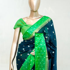 Premium Butter Yellow Royal Blue Synthetic Kota Saree with Antique Gold Zari Buttas SAN5476