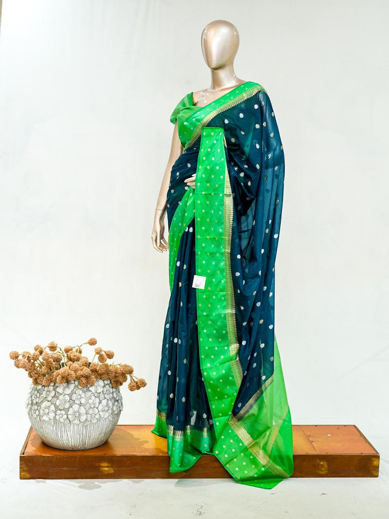 Premium Butter Yellow Royal Blue Synthetic Kota Saree with Antique Gold Zari Buttas SAN5476