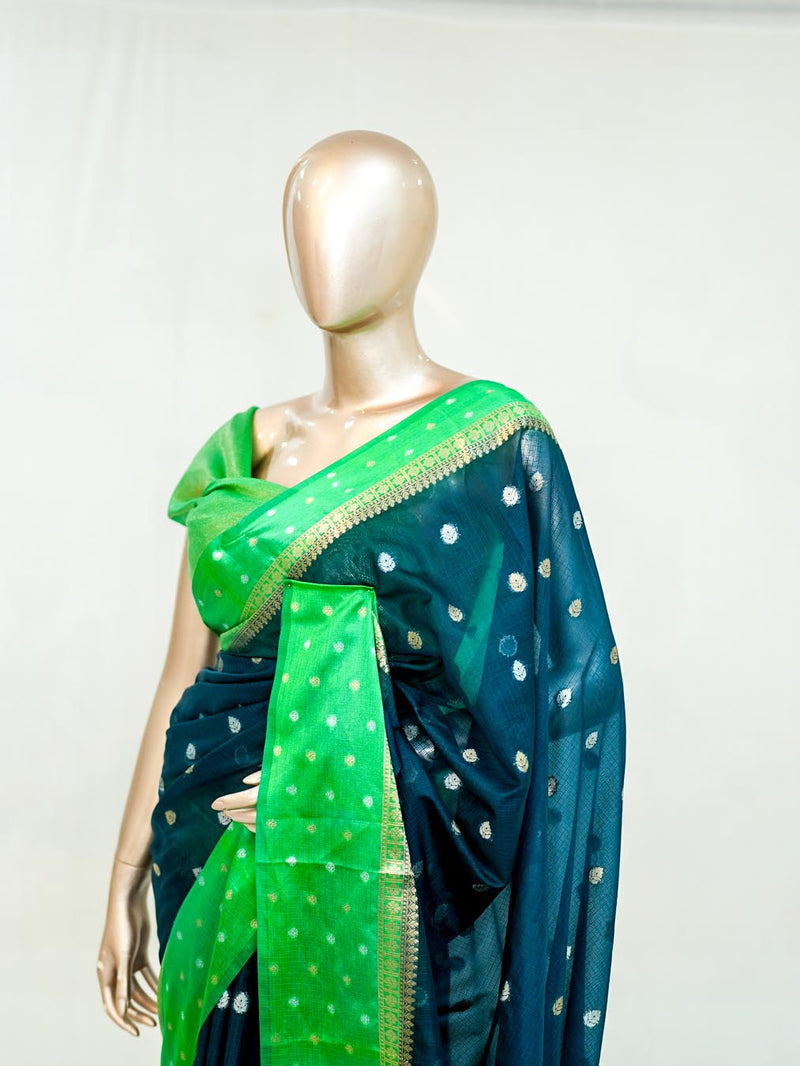 Premium Butter Yellow Royal Blue Synthetic Kota Saree with Antique Gold Zari Buttas SAN5476