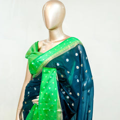 Premium Butter Yellow Royal Blue Synthetic Kota Saree with Antique Gold Zari Buttas SAN5476