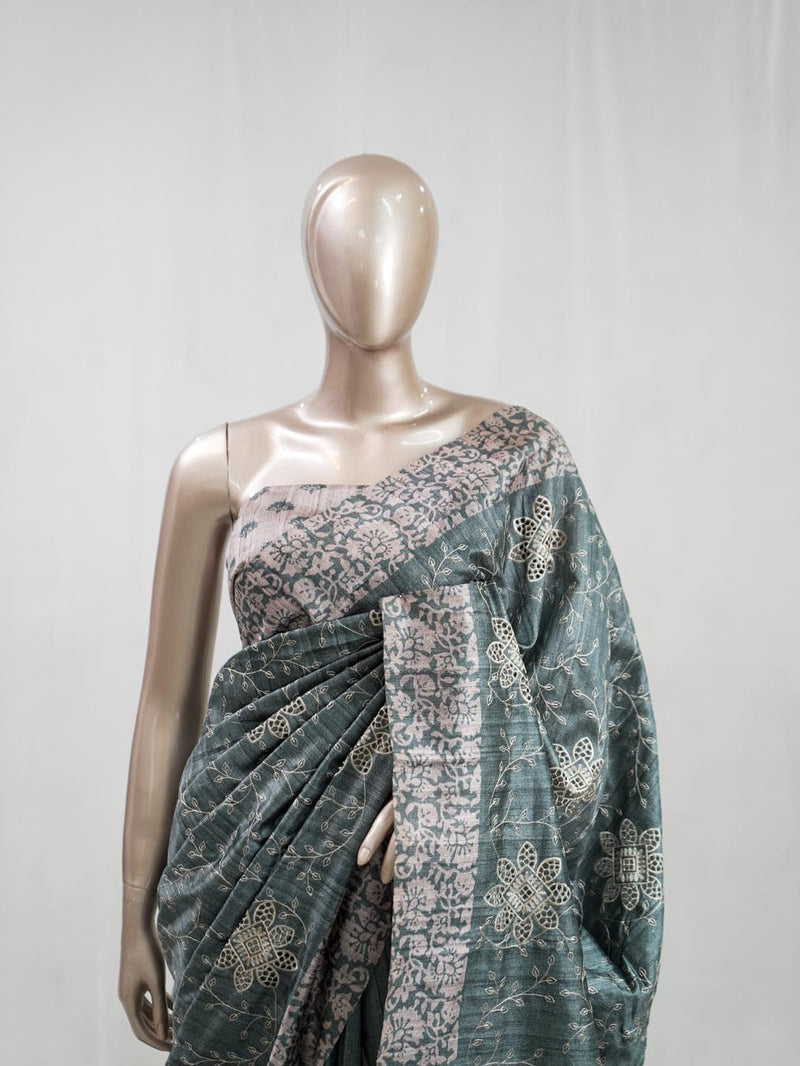 Hand Worked Tusser Silk Saree  F SAN5330