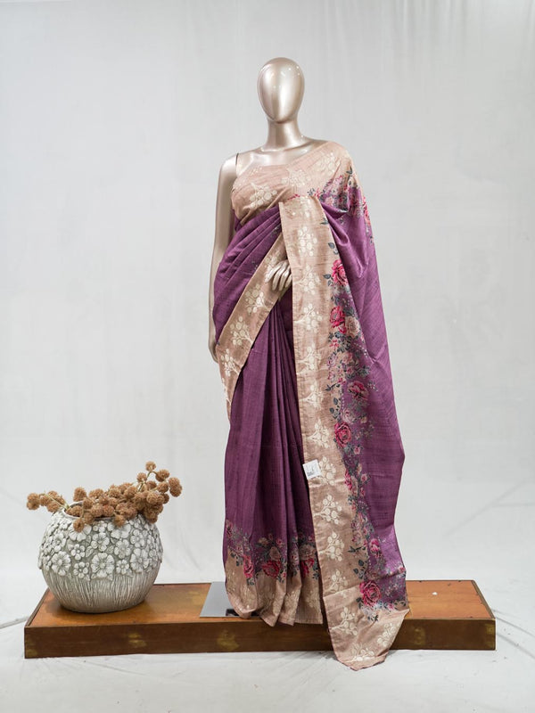Printed Tusser Silk Saree B  SAN5327