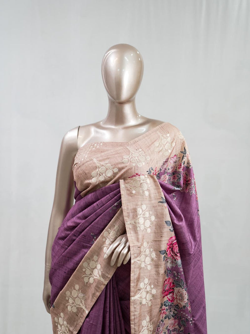 Printed Tusser Silk Saree B  SAN5327