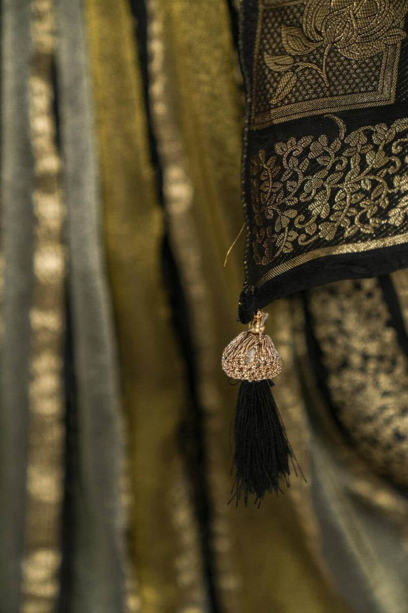 Black with antique golden banarasi semi silk Saree SAN4656