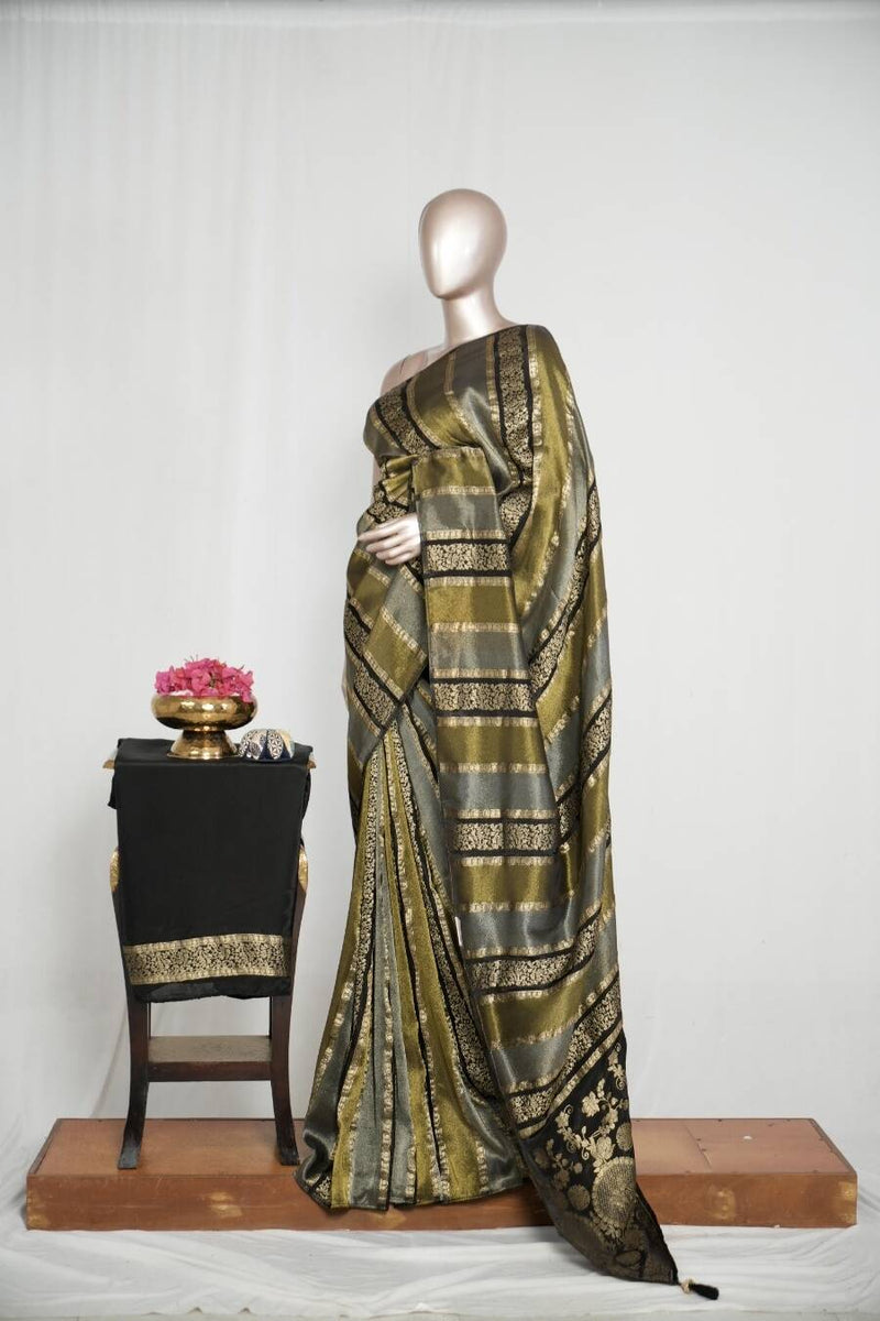 Black with antique golden banarasi semi silk Saree SAN4656