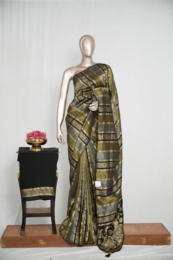 Black with antique golden banarasi semi silk Saree SAN4656